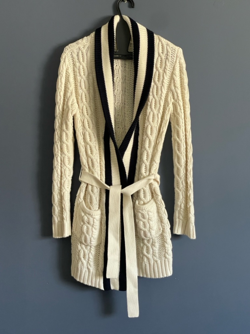 Lauren, Ralph Lauren Cream Cable-Knit Belted Cardigan with Navy Trim